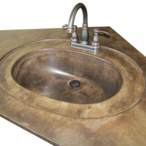 An image of a bathroom vanity sink with a marble texture and a stained finish